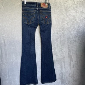 Dickies Y2K Ultra Low Rise Jeans Juniors Sz 1 Dark Wash Flare Grunge Boot 2000s - Picture 1 of 14