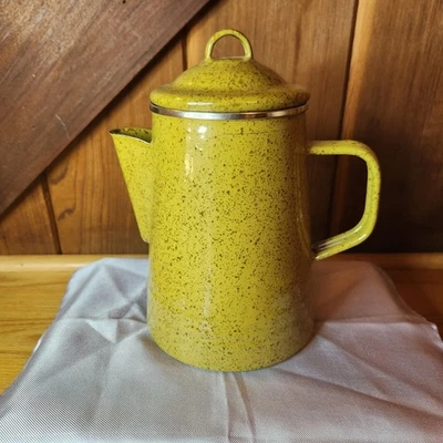 PAULA DEEN Signature Mustard Green Enamel Stove Top / Camp Coffee Pot Percolator - Image 1 of 4