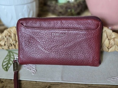 Carteira de Couro Italiana Perlina Zíper Completo, Couro Macio, Borgonha - Imagem 1 de 4