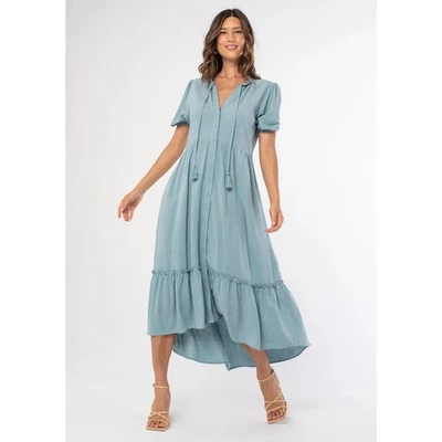 Vestido Lovestitch Botón Frontal Midi Azul Boho Mezcla de Lino Mangas Abullonadas Talla Grande Foto 1 de 4