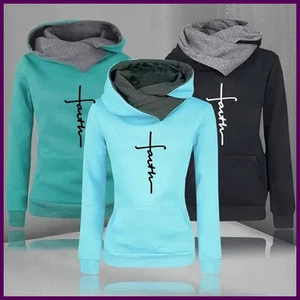 Women Hoodies Autumn Winter Sweatshirt Faith Embroidered Long Sleeve Pullovers - Picture 1 of 29