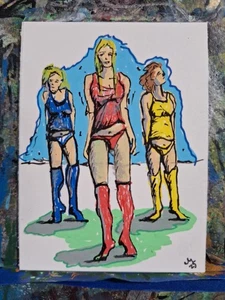 Super Trio Action Heroine ACEO ORIGINAL OOAK Acrylic Jmg Markers - Picture 1 of 3