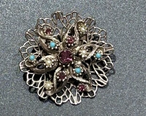 Gorgeous Rhinestone Pin Brooch with Purple, Turquoise and Pearls - Imagen 1 de 2