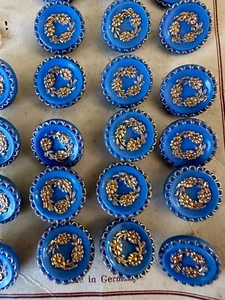 23 Antique 1930s Blue & Gold Glass Buttons La Mode Germany 13 mm - Picture 1 of 6