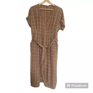 Mittoshop Womens Sara Dress Tie Waist Front Wrap Plaid Pocket Size M Brown Fall - Picture 1 of 6