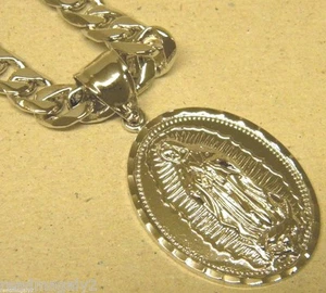 Herren Rhodiniert Kubanische Panzerkette & Groß Oval Mutter Maria Charm Set 24 Zoll - Bild 1 von 6