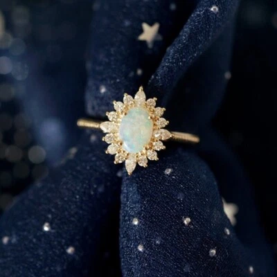 Australian Oval Cut Fire Opal Yellow Gold Plated Silver Vintage Engagement Ring - Image 1 of 3