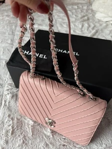 Authentic Chanel Clasp Pink Flap Bag Studded Chevron Calfskin Medium - Picture 1 of 20