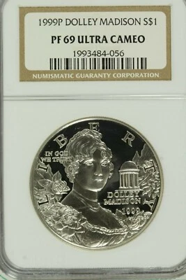 1999-P Dolley Madison Commemorative Proof Silver Dollar : NGC PF69 Ultra Cameo - Image 1 of 2