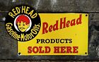 RED HEAD Gasoline-Motor Oils “SOLD HERE” Porcelain Vintage Sign, 7” x 12”