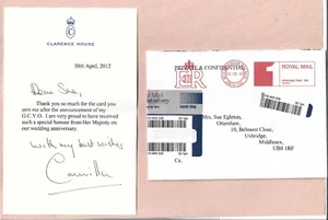 QUEEN CAMILLA  TWO SIGNATURES (WHEN DUCHESS OF CORNWALL) LETTER &  BIRTHDAY CARD - Picture 1 of 3