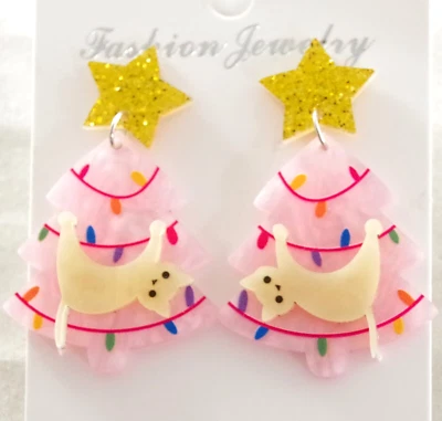 Tan lindo! PENDIENTES COLGANTES ACRÍLICO EN CAPAS ÁRBOL DE NAVIDAD GATO 2" NUEVOS SIN ETIQUETAS Foto 1 de 4