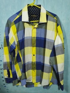 BERTIGO Yellow Blue Gray Plaid casual shirt size 2-2XL Double Cuff 100% Cotton - Picture 1 of 11