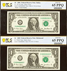 2 x $1 Federal Reserve Note PCGS 65PPQ fancy radar + seven of a kind serial - Picture 1 of 5