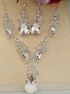 NEW 💕SILVER PLATED CLEAR CUBIC ZIRCONIA NECKLACE EARRING SET ALLOY WEDDING - Picture 1 of 6