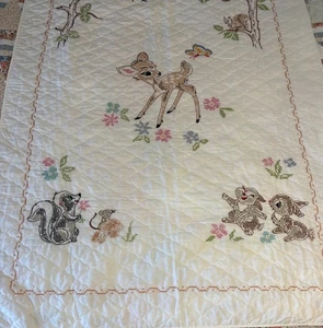 Vtg Disney Bambi Hand Cross Stitched Coordinating Baby Blanket Sheet Pillowcase - Picture 1 of 14