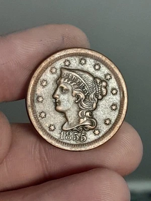 Centavo grande cabello trenzado 1855 XF Foto 1 de 4