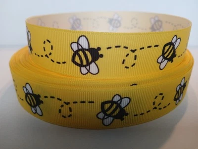 Grosgrain Ribbon Bumble Bees on Yellow Buzz Flying Insects Garden Bugs Sting, 1" - Image 1 of 2