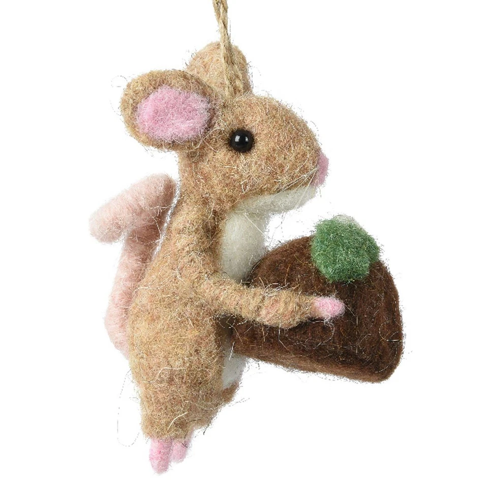 Weihnachtsanhänger Maus Beige-Braun mit Praline in den Pfoten 9 cm - Filzwolle - Bild 1 von 1