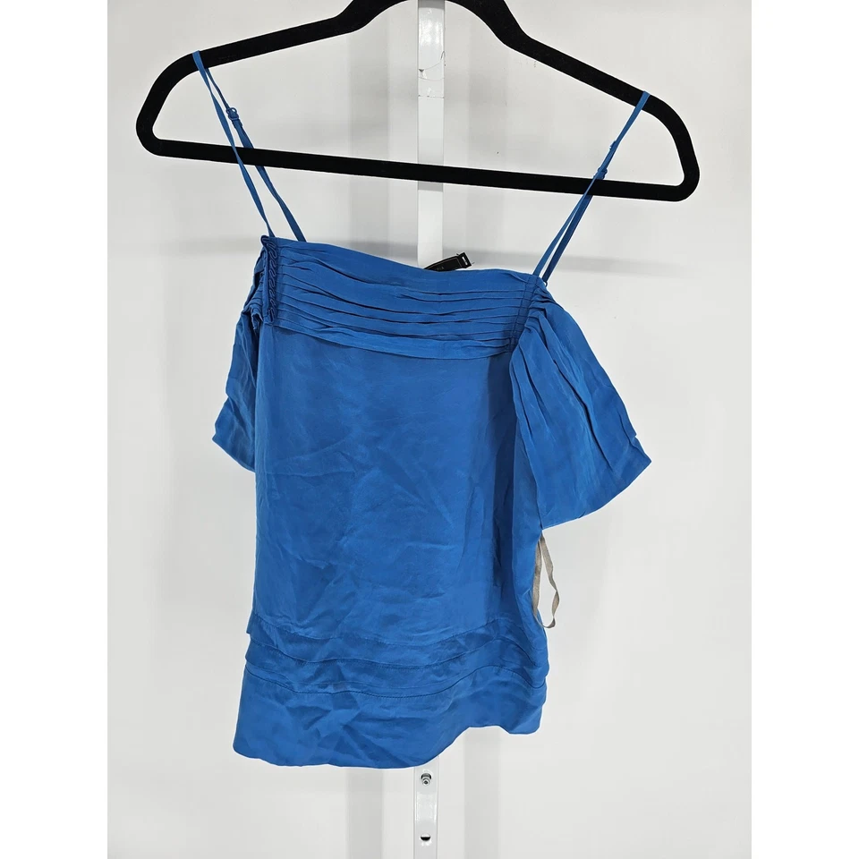 BCBGMaxazria Womens Sz S Cold Shoulder 100% Silk Blouse Blue Short Sleeve - Image 1 of 4