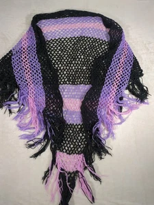 Mantón de borla larga de ganchillo vintage patrón de red púrpura negro - Imagen 1 de 9