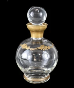 Decantador redondo/botella de perfume de vidrio de arte francés de colección, flores doradas - Imagen 1 de 4