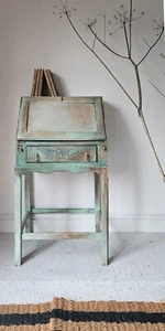 Vintage Oak BUREAU desk SECRETAIRE rustic Painted Floral Carving - Picture 1 of 15