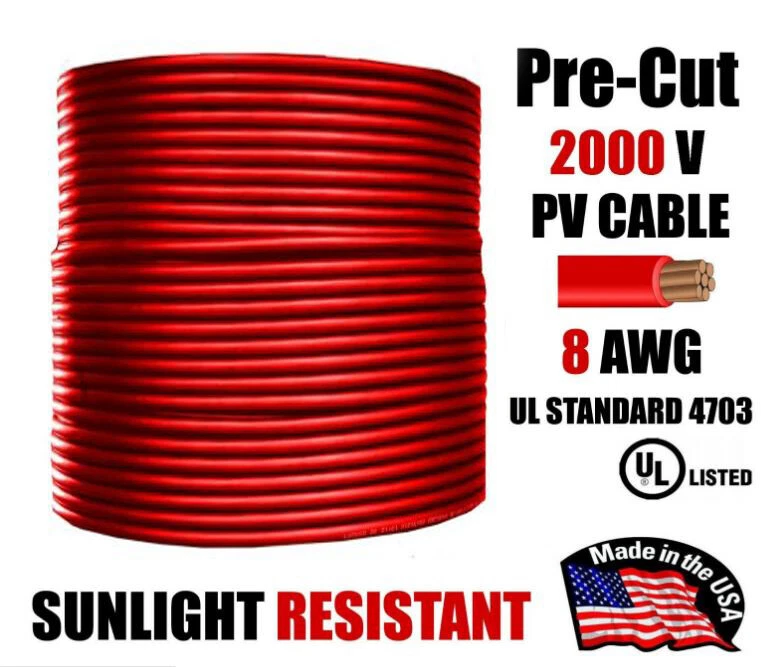 Cable solar rojo 8 AWG cable fotovoltaico 1000/2000 V cobre - precortado 50-400 pies Foto 1 de 1