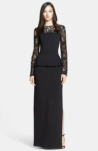 ST. JOHN Black ROSE NOIR Rhinestone Lace Long Sleeve Peplum Knit Gown 8 US M 🖤 - Picture 1 of 4