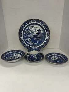 Burgess Leigh Burleigh Ware WILLOW Blue Gold Trim 5pc Place Setting - Picture 1 of 11