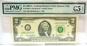$2 2003A FRN Banknote KANSAS CITY FR# 1938-j PMG 65 GEM UNC - Picture 1 of 3