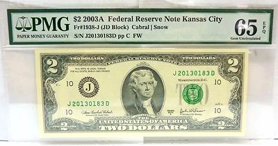 $2 2003A FRN Banknote KANSAS CITY FR# 1938-j PMG 65 GEM UNC - Image 1 of 3