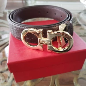BROWN FERRAGAMO LEATHER BELT GOLD BUCKLE FITS 24 - 42 - Picture 1 of 2