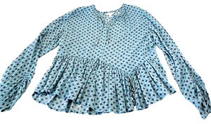 Peasant Top Women's M Tassles Flared Cinched Sleeves Blue Geometric Cottage - Picture 1 of 8