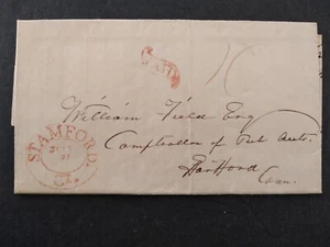 Connecticut: Stamford 1827 Stampless Cover, Double Line Red Oval & Fancy PAID - Picture 1 of 11