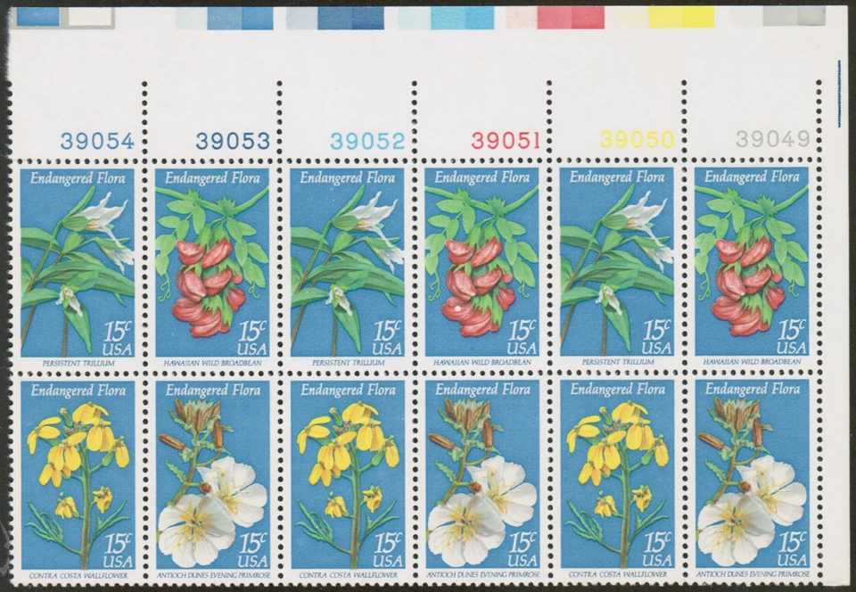 US USA Sc# 1786a MNH FVF PLATE# BLOCK Flora Trillium Primrose Wallflower Flower - Image 1 of 1