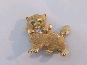 Vintage 18k Yellow Gold Cat Brooch With Emerald And Diamond (Over 9 Grams) - Picture 1 of 8