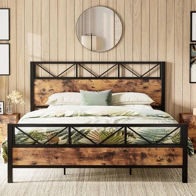 King Bed Frame, Tall Industrial Headboard 51.2 ", Platform Bed Frame - Imagem 1 de 4