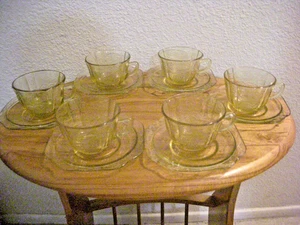 Set of 6 Vintage Federal Madrid Amber Yellow Depression Glass Tea Cups, Saucers - Picture 1 of 4