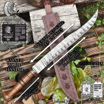 Espada Damasco Girada Hecha a Mano Borde Ashen Madera de Nogal Único Acero Refuerzo Foto 1 de 4