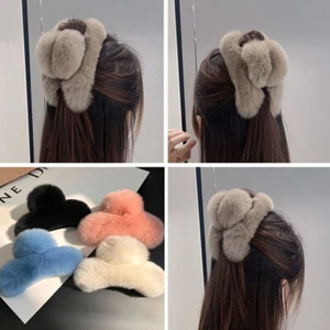 Natural Rabbit Fur Hair Clip 16cm Large Plush Hair Claw Fluffy Hair Accessories - Picture 1 of 20