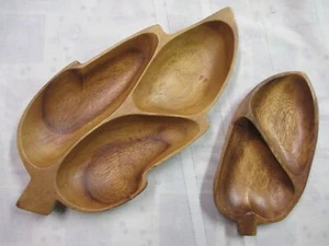 2 Piece Vintage Design Leafy Pattern Monkey Pod Wood Veggie Tray Chip n Dip 15" - Picture 1 of 1
