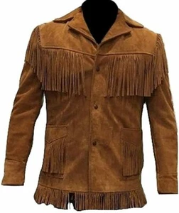 Men's Western Cowboy Style Fringes Suede Coat Brown Native American Tasel Jacket - Picture 1 of 3
