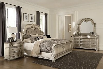 SALE Queen or King 4PC Silver Gray Master Bedroom Set w/ Marble Top Bed/D/M/N - Image 1 of 4