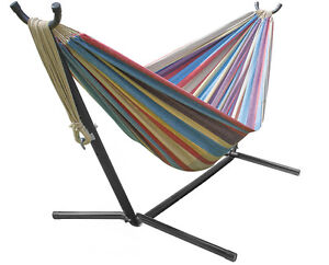 Brazilian Double Hammock with stand - Blue, Sand, Purple, Red Stripes