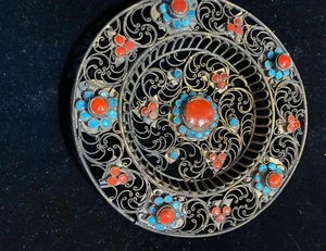 Antique Ceremonial Dish Studded Inlay Turquoise Coral Brass Filigree Plate - Picture 1 of 3