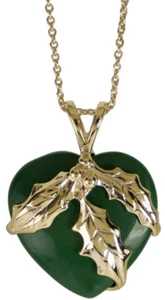 Christmas Holly w/ Faux Jade Heart Charm Necklace - Picture 1 of 1