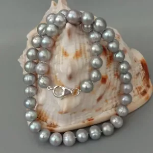 Natural Pearl AAA10-11mm South Sea Baroque Grey Pearl Necklace 18 inch 925s - Picture 1 of 5