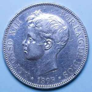 SPAGNA ALFONSO XIII 5 PESETAS 1898(98) SG V LUCIDATA QSPL ARGENTO SILVER COIN - Imagen 1 de 2