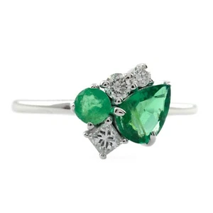 Natural Zambian Pear Emerald Diamond Wedding Solid 18K White Gold Handmade Ring - Picture 1 of 15